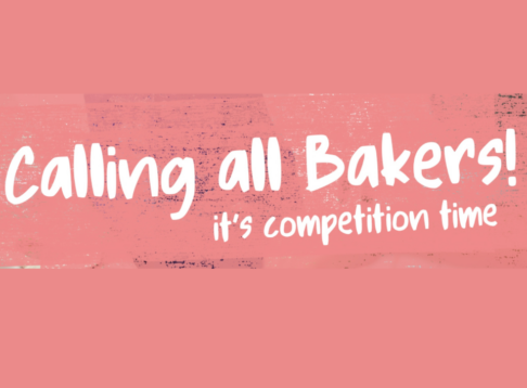 white calling all bakers it's competition text on a pink background